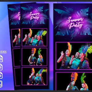 Neon Photo Booth Template, Photobooth Summer Party Frame, 2x6 Background, Gloving Elegant Flowers Strip, Glow Editable Overlay, psd
