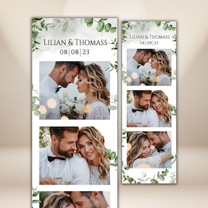 Könnte beinhalten: Ein Hochzeitsfotostreifen mit mehreren Bildern eines Paares, mit den Namen "Lilian & Thomass" und dem Datum "08|08|23" oben. Das Design umfasst einen grünen Blattrand und weiche Bokeh-Effekte.