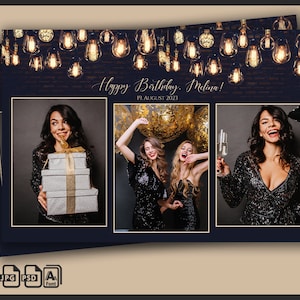 Modello per Photo Booth di compleanno 4x6 / Cornice per Photo Booth con lampadina nera e oro / Sovrapposizione elegante e scura per feste / Catena luminosa modificabile in formato PSD, PNG