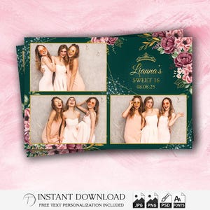 Sweet 16 Photo Booth Template 4x6 | Editable Glam Party Strip | Pink Gold Birthday Overlay | Printable Quinceañera Design | PNG PSD