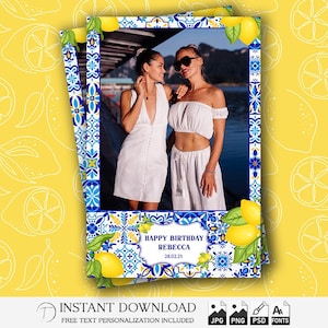 Modello Photo Booth Mediterraneo / Cornice per festa greca Photobooth / Sfondo di compleanno 4x6 / Striscia di piastrelle di limone / Sovrapposizione PSD modificabile / PNG