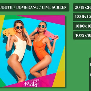 Może przedstawiać: Dwie kobiety w strojach kąpielowych i okularach przeciwsłonecznych pozują ze skateboardami na tle kolorowego tła. Tekst "SUMMER Party!" znajduje się na dole obrazu.