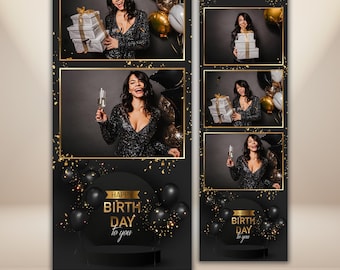 Birthday Photo Booth Template 2x6 Black Gold Glitter Sparkle Birthday Photobooth Template Glam Luxury Dark Party Overlay PNG PSD