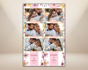 Wedding Photo Booth Template 4x6 Pink Floral Photobooth Strip Watercolor Flower Overlay  Romantic Garden Wedding Frame Editable PSD PNG