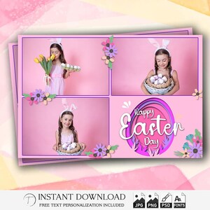 Modèle de photomaton de Pâques 4 x 6 | Cadre photobooth lapin et oeufs | Fond floral printanier | Superposition PSD modifiable | Joyeuses Pâques PNG Bande
