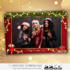 Weihnachtsfotostand Vorlage 10x15 | Bearbeitbares PSD Overlay | Neujahrs-Partystreifen | Urlaub druckbare Rahmen | Winter Foto Design | PNG