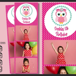 Girl Birthday Photo Booth Templates 2x6 | Owl Theme, Polka Dot Photobooth Party Overlay | Editable Pink PSD Strips for Kids Celebration