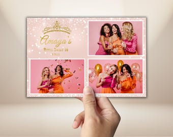 Sweet 16 Photo Booth Template 4x6 Quinceañera Template Sweet 15 Birthday Photobooth Overlay Pink Princess Tiara Glitter Sparkle PNG PSD