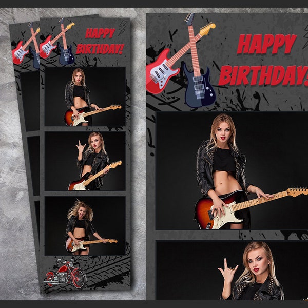 Rock n Roll Photo Booth Template, Birthday Theme Party, 2x6 Background, Modern Minimalist Guitar Dark Strip, Editable Overlay, psd, png, jpg