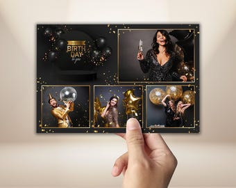 Birthday Photo Booth Template 4x6 Black Gold Birthday Photobooth Overlay Elegant Glam Glitter Sparkle Party Frame PNG PSD Instant Download
