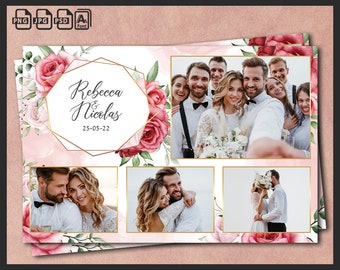 Wedding Photo Booth Template, Photobooth Boho Floral Frame, Bridal Shower, 4x6 Background, Modern Minimalist Strip, Editable Overlay, psd