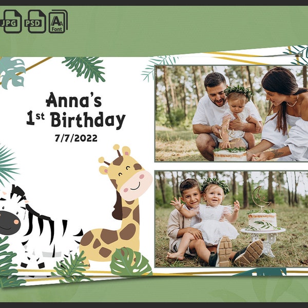 Baby 1st Birthday Photo Booth Template, Photobooth Safari Animal Party Frame, 4x6 Background, Green Jungle Strip, Editable Overlay, psd