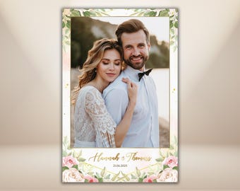 Floral Wedding Photo Booth Template 4x6 Romantic Blush Roses Greenery Botanical Garden Elegant Gold Photobooth Frame Editable PSD