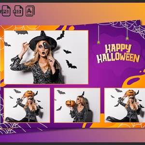 Halloween Photo Booth Template 4x6 | Editable Photobooth Party Strip PSD | Pumpkin Ghost Bat Overlay | Trick or Treat Frame Design | PNG