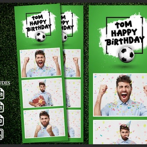 Fußball Foto-Stand Vorlage, Fotobooth Fußball Geburtstag Rahmen, 2x6 Hintergrund, Junge Sport, Ball Bunte Streifen, Editierbare Overlay, psd