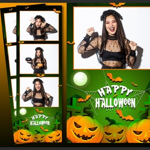 Halloween Photo Booth Template 2x6 | Editable Photobooth Party Strip PSD | Pumpkin Ghost Bat Overlay | Trick or Treat Frame Design | PNG