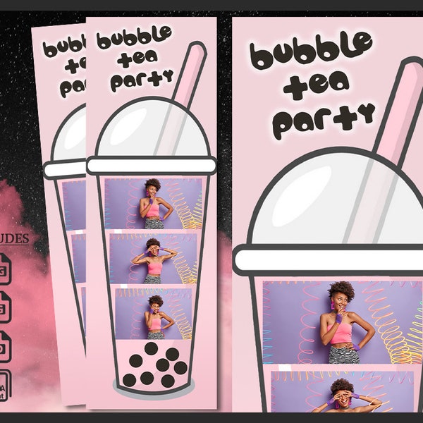 Bubble Tea Photo Booth Template, Photobooth Birthday Frame, Bridal Shower, 2x6 Background, Modern Minimalist Strip, Editable Overlay, psd