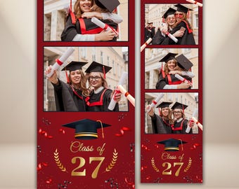 Graduation Photo Booth Strip Template 2x6 Class of 2027 Photobooth Overlay Editable Maroon Gold Grad Party Print Strip Instant PNG PSD
