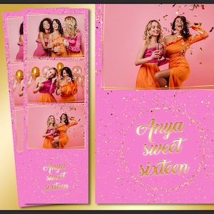 Sweet 16 Photo Booth Template 2x6 | Editable Glam Party Strip PSD | Pink Gold Birthday Overlay | Printable Quinceañera Design | PNG