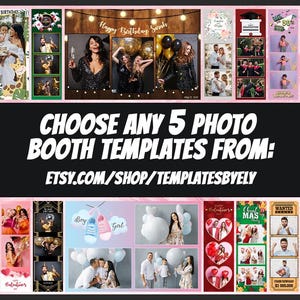 May include: A collage of 10 different photo booth templates for events such as birthdays, graduations, and holidays. The templates feature various themes and designs, including a jungle theme, a birthday theme, a graduation theme, a Christmas theme, and a Valentine's Day theme. The templates are available for purchase on Etsy.