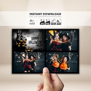 Halloween Photo Booth Template 4x6 | Editable Photobooth Party Strip PSD | Pumpkin Ghost Bat Overlay | Trick or Treat Frame Design | PNG