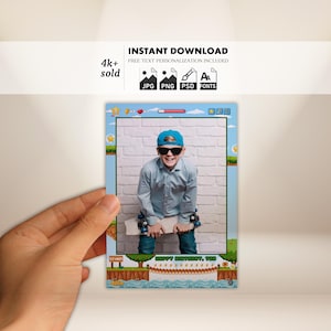 May include: A digital photo frame with a video game theme. The frame has a blue border with a sky and landscape design. The text "INSTANT DOWNLOAD" and "FREE TEXT PERSONALIZATION INCLUDED" are at the top. The text "HAPPY BIRTHDAY, TOD" is at the bottom.