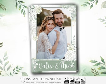 Plantilla para fotomatón de boda de 4x6 / Superposición floral verde salvia y blanca / Diseño de marco minimalista elegante / Despedida de soltera / PSD, PNG