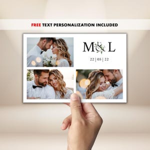 May include: A rectangular card featuring three photographic panels of a couple in formal attire. The top right section displays the black text M & L with a botanical graphic between the letters, followed by the date 22 | 05 | 22 below it.