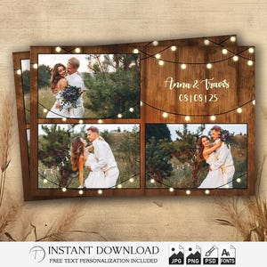 May include: A rustic wedding photo card with four photo slots. The card features a wooden background, string lights, and the names "Anna & Travis" with the date "08|08|25". The card is an instant download with free text personalization.