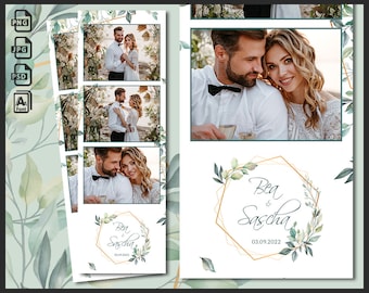 Modèle de photomaton de mariage, Eucalyptus Photobooth Boho cadre de verdure, douche nuptiale, fond 2 x 6, bande moderne, superposition modifiable, psd