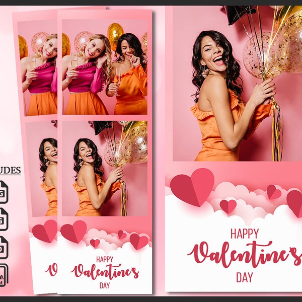 Valentine's Day Photo Booth Template, Photobooth Hearts Frame, Love, 2x6 Background, Modern Minimalist Strip, Editable Overlay, psd