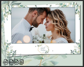 de modèle de cabine photo de mariage 4 x 6 | Cadre botanique bohème verdure Eucalyptus | Superposition de photomaton de mariage vert rustique modifiable | PSD, PNG
