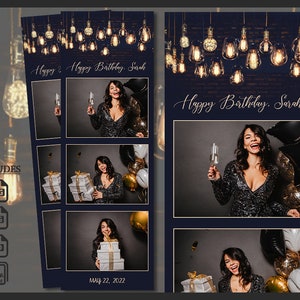 Birthday Photo Booth Template 2x6 | Black & Gold Light Bulb Photobooth Frame | Dark Elegant  Party Overlay | Editable Light String PSD, PNG