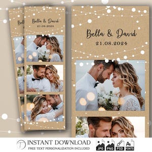 Modello per Photo Booth per matrimonio 2x6 / Striscia di carta Kraft rustica con luci a stringa / Sovrapposizione modificabile per Photo Booth per matrimoni / File PSD PNG