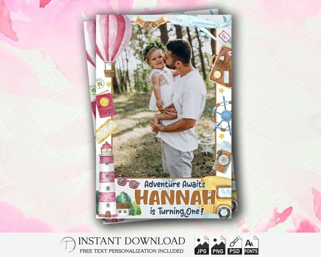 Overlay Frame Adventure 1st Birthday Photo Booth Frame Template 4x6 | Travel Adventure Theme ...