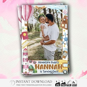 1st Birthday Photo Booth Frame Template 4x6 | Travel Adventure Theme for Girls and Boys | Editable Overlay | Vacation Party | PSD PNG File