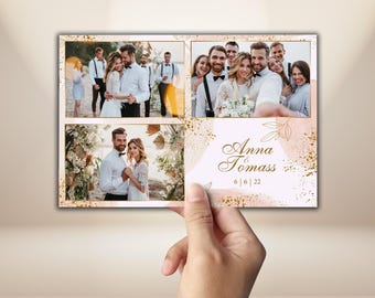 Modelo de cabine de fotos de casamento 4x6, moldura elegante em tons de dourado e rosa, sobreposição de luxo para casamento, editável em PSD e PNG, download instantâneo.