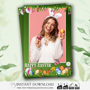 Modello di Photo Booth di Pasqua 4x6 / Cornice per Photobooth con coniglietto e uova / Sfondo floreale primaverile / Sovrapposizione PSD modificabile / Striscia PNG di buona Pasqua