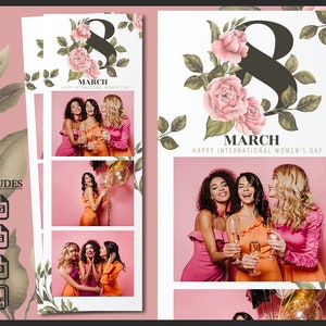 Modello PhotoBooth per la Festa della Donna 2x6 / Sovrapposizione PSD modificabile / Cornice per PhotoBooth dell'8 marzo / Design moderno per festa femminile