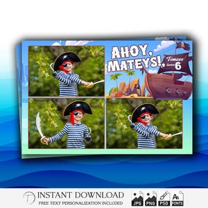 May include: A pirate-themed birthday party invitation with the text "Ahoy, Mateys!" and "Tomass turns 6." The design includes a cartoon pirate ship, a boy in a pirate costume, and a pirate flag. The invitation is available for instant download.