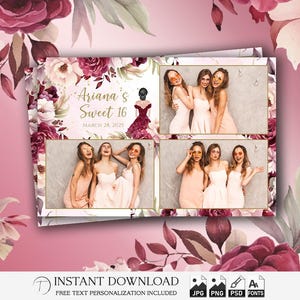 Sweet 16 Photo Booth Template 4x6 | Editable Glam Party Strip PSD | Pink Gold Birthday Overlay | Printable Quinceañera Design | PNG