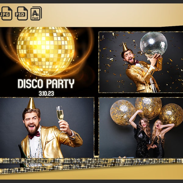 Disco Photo Booth Template, Photobooth 1990s Birthday Party Frame, 4x6 Background, Modern, colorful, kids 1960 Strip, Editable Overlay, psd