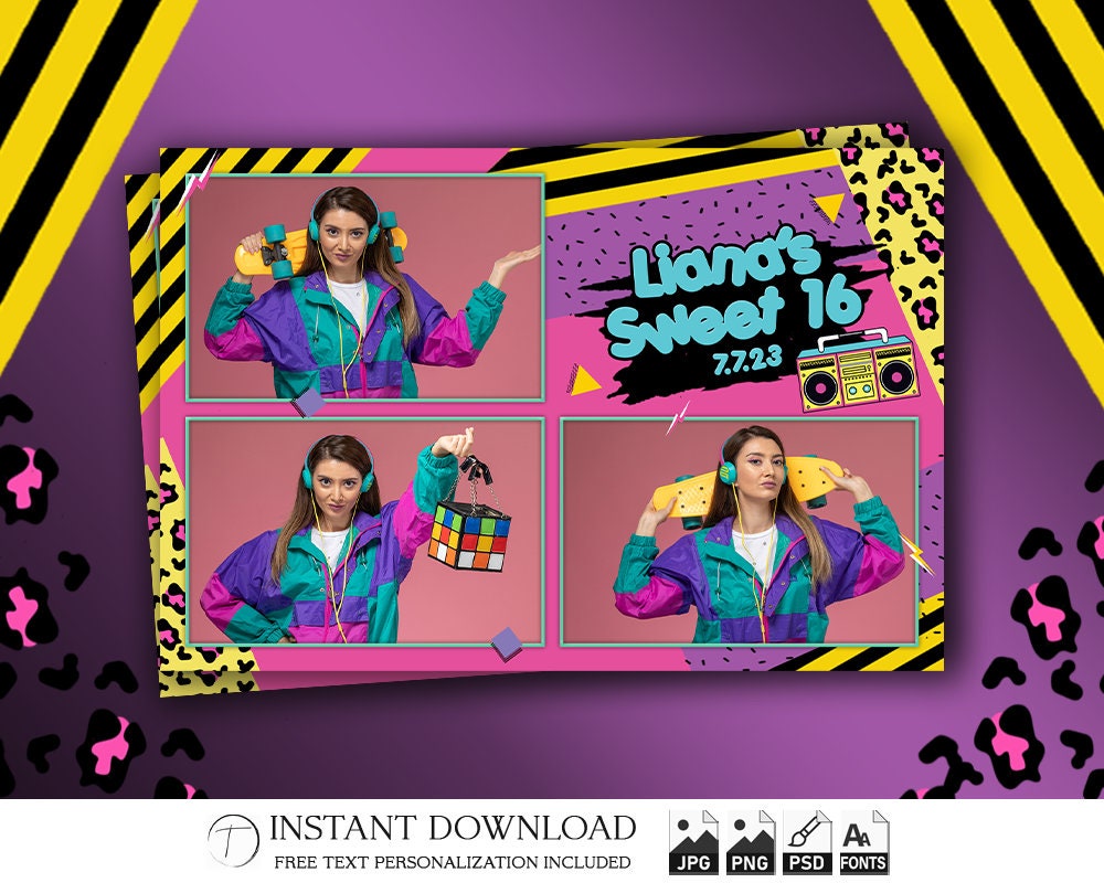 80s Photo Booth Template, Photobooth 1980s Birthday Party Frame, 4x6 ...