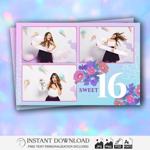 Sweet 16 Photo Booth Template 4x6 | Editable Glam Party Strip PSD | Pink Gold Birthday Overlay | Printable Quinceañera Design | PSD PNG