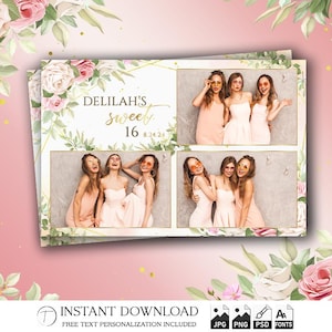 Sweet 16 Photo Booth Template 4x6 | Editable Glam Party Strip PSD | Pink Gold Birthday Overlay | Printable Quinceañera Design | PNG