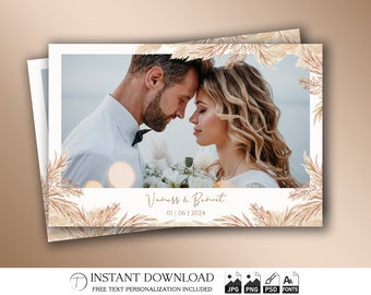 de photomaton de mariage 4 x 6 modèle | Cadre bohème herbe de la pampa et blé | Superposition de photomaton de mariage neutre rustique modifiable | PSD, fichier PNG