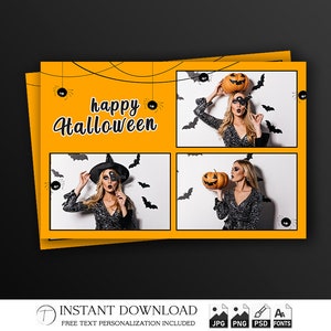 Halloween Photo Booth Template 4x6 | Editable Photobooth Party Strip PSD | Pumpkin Ghost Bat Overlay | Trick or Treat Frame Design | PNG