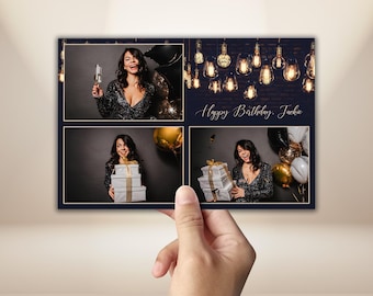 Birthday Photo Booth Template 4x6 Black & Gold Light Bulb Photobooth Frame Dark Elegant  Party Overlay Editable Light String PSD, PNG