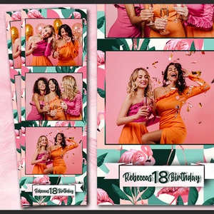 Flamingo Birthday Photo Booth Template 2x6 | Tropical Summer Party Photobooth Overlay for Girls | Green Pink Jungle Portrait Strip | PSD