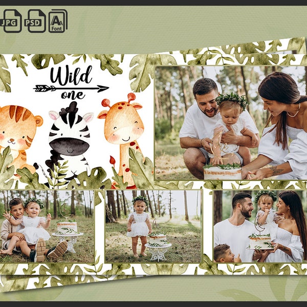 Baby 1st Birthday Photo Booth Template, Photobooth Safari Animal Party Frame, 4x6 Background, Green Jungle Strip, Editable Overlay, psd